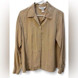 100% Silk Tan Button Up Blouse Petite 12